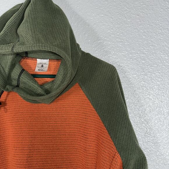 Melanzana Men’s Micro Grid Fleece Hoodie Size Large Orange Green Outdoor EUC - Picture 2 of 7